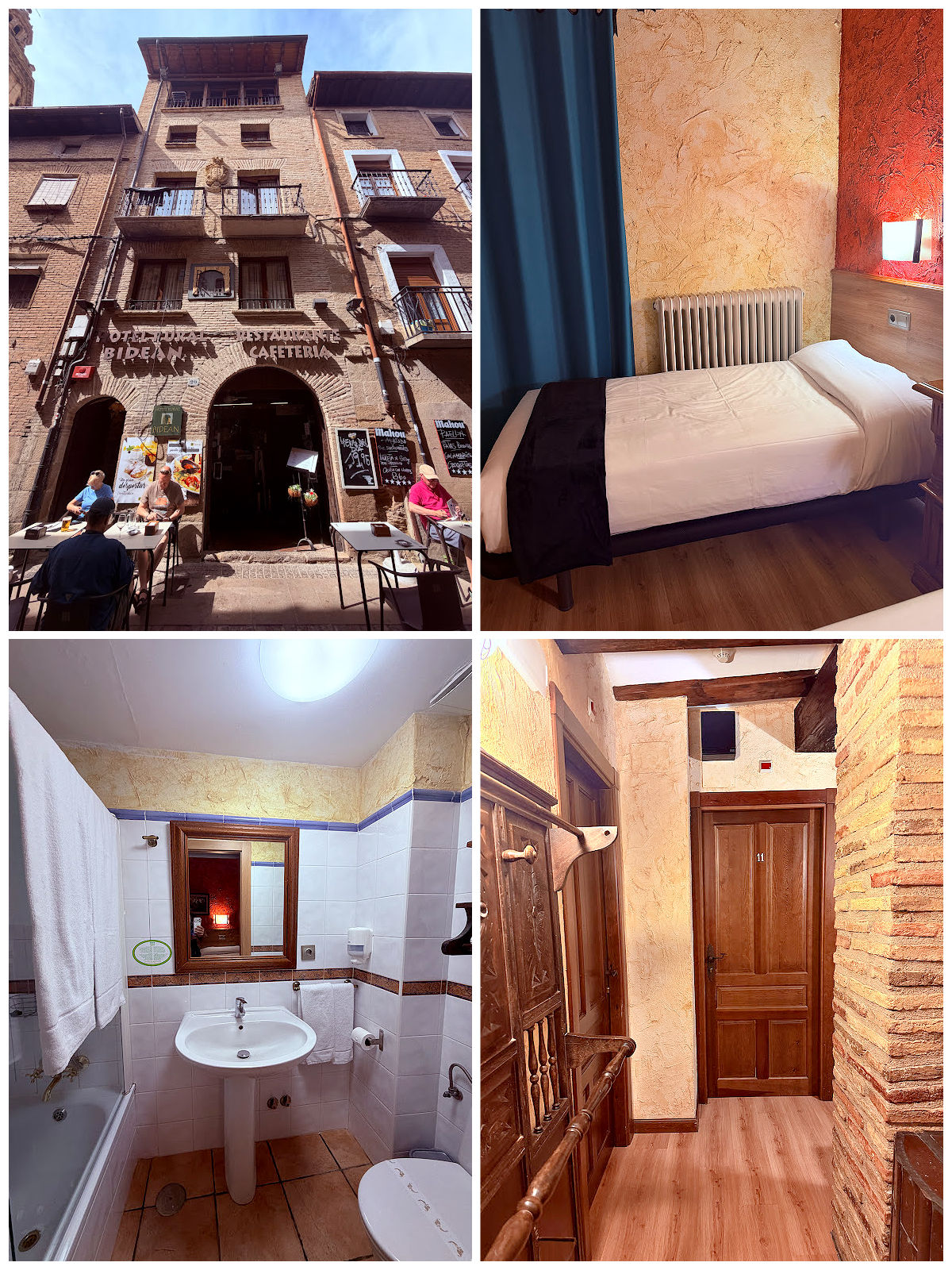 Exterior, guest room, bathroom, and hallway at Hotel Rural Bidean in Puente la Reina.