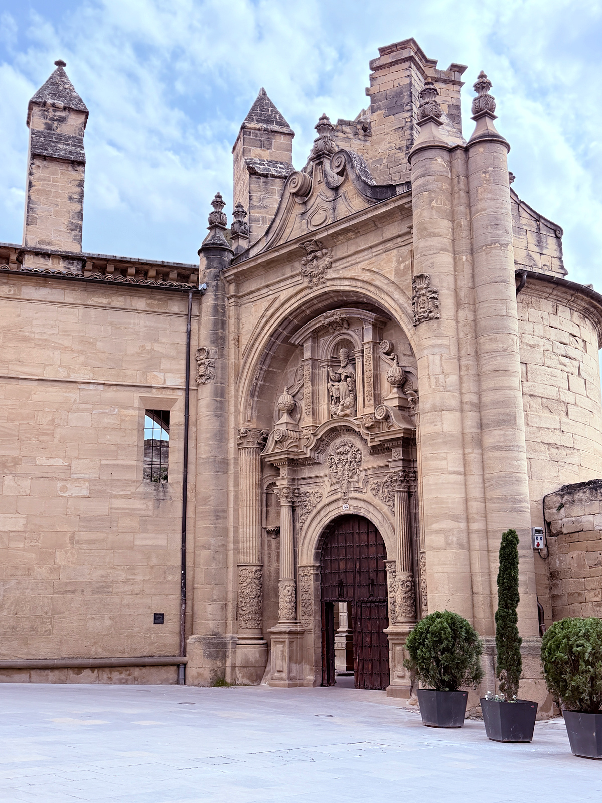 Ornate stone entrance to the ruins of San Pedro Church in Viana, Spain.