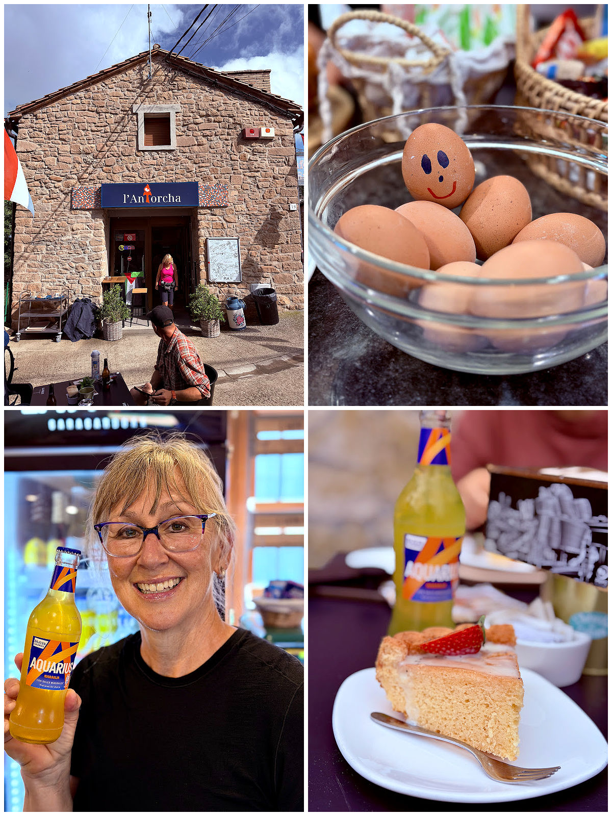Collage of a Camino snack stop with drinks, eggs, tortilla española, and an outdoor café.