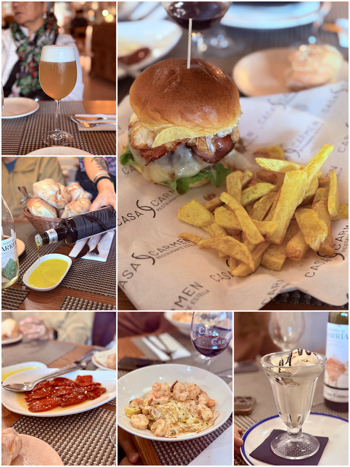 Collage of a Spanish dinner featuring a burger and fries, pasta dishes, bread, drinks, and dessert.