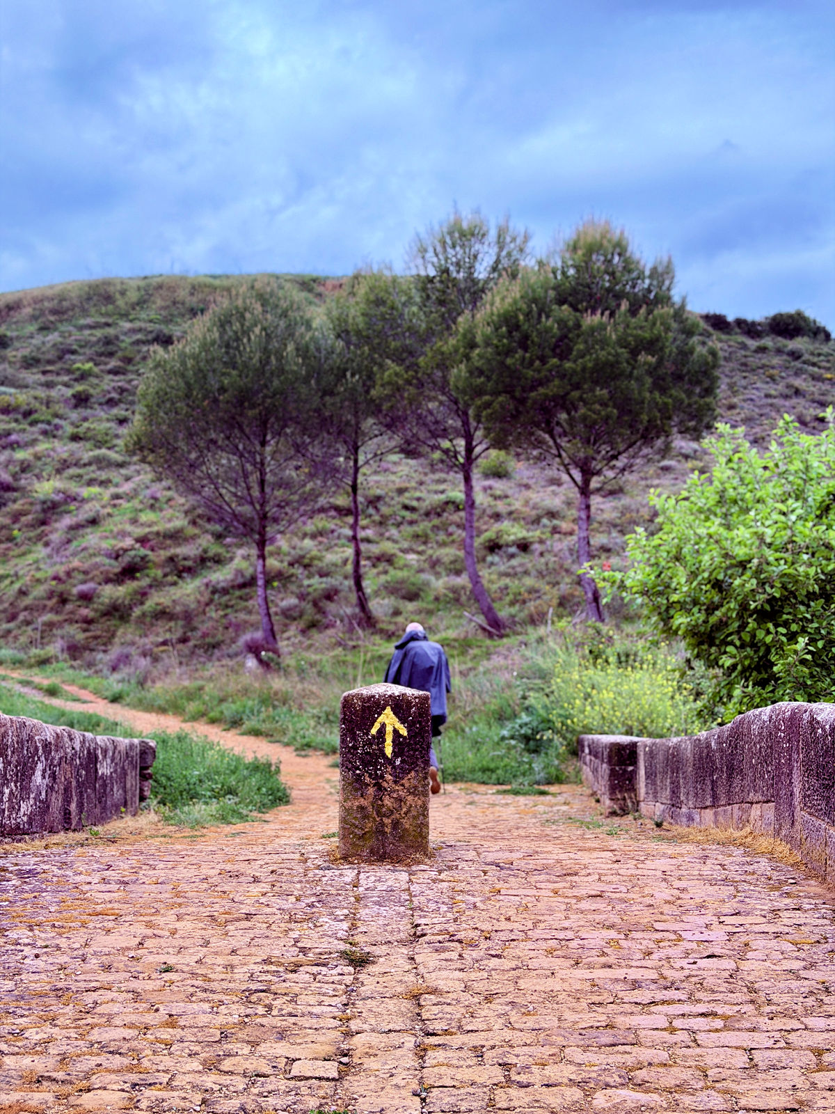 Yellow Camino arrow painted on a stone marker beside a cobbled path.